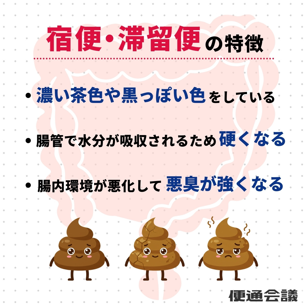 病名として使われる「宿便」は、S状結腸や直腸などに長期間存在して硬くなった便塊のことを指します