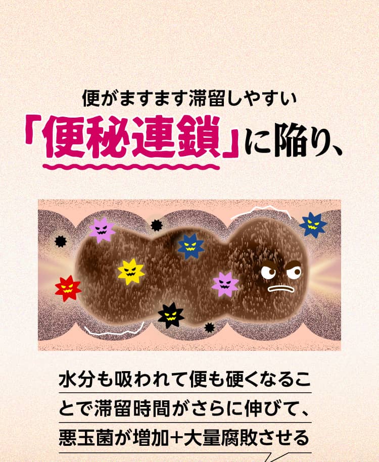 便がますます滞留しやすい「便秘」状態に陥り、水分も吸われて便も硬くなることで滞留時間がさらに伸びて、悪玉菌が増加+大量腐敗させる
